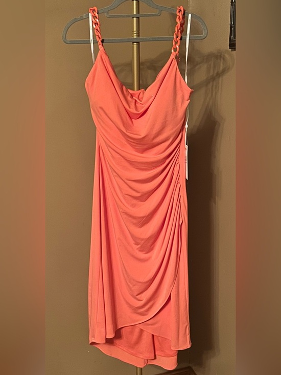 Siena Dresses & Skirts - Twist-Strap Coral Midi Dress with Draped Front